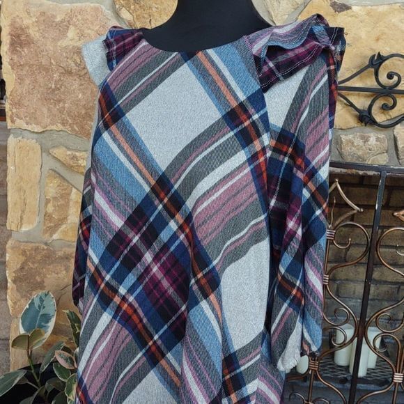 Madison Leigh Plaid Ruffle Shoulder 3/4 Sleeve Swing Dress‎ Sz L - Picture 2 of 12